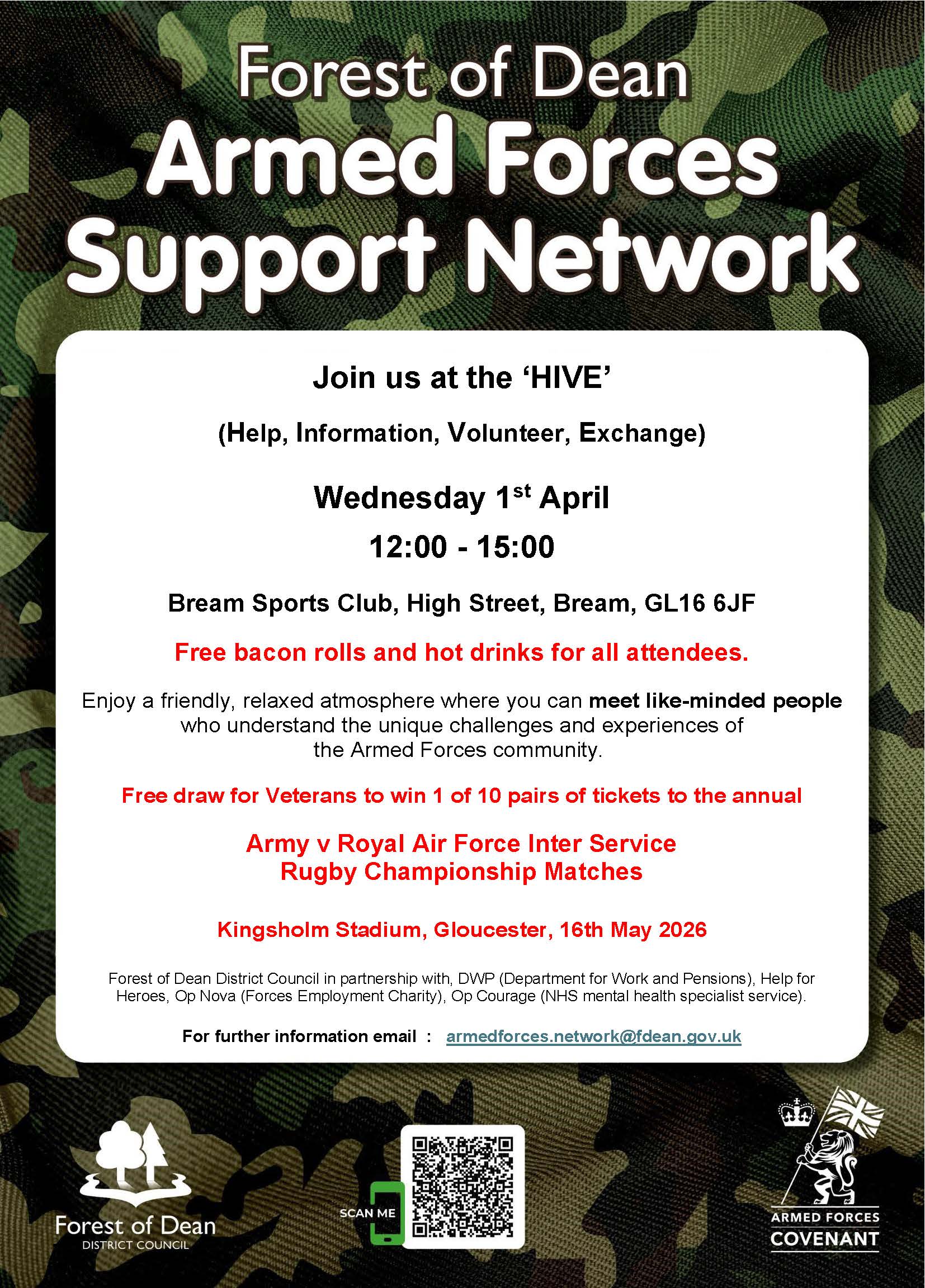 FoD Armed Forces Support Network meeting. Wednesday 1st April at 12pm. Bream Sports Club